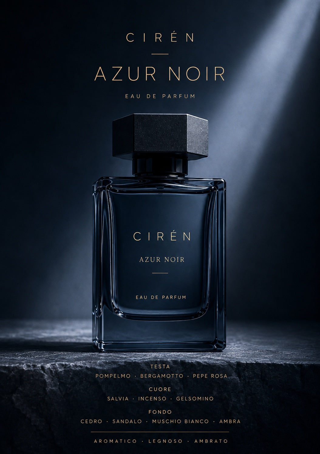 CIRÉN AZUR NOIR Eau de Parfum bottle — refined woody amber fragrance